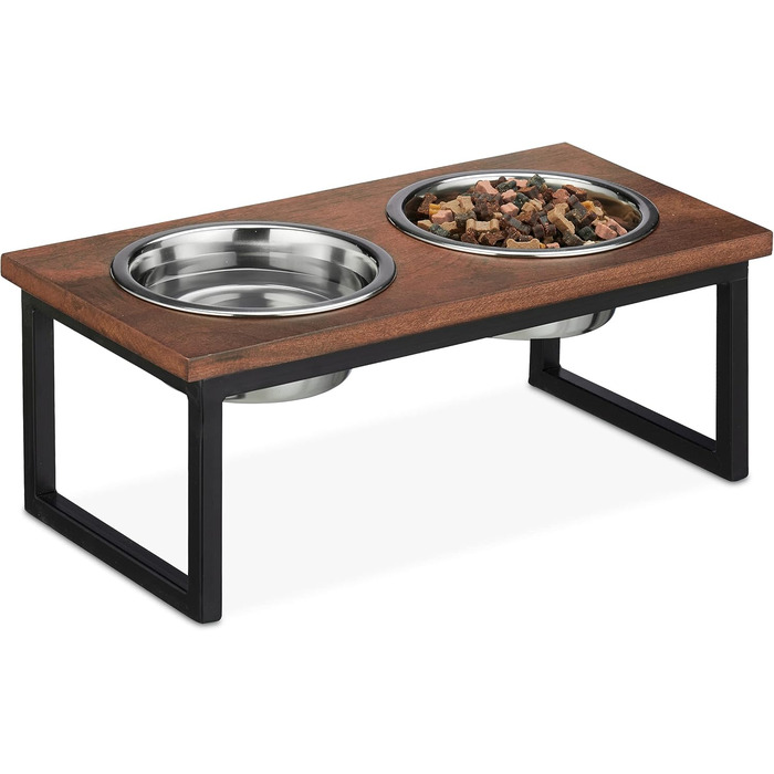 Підставка для мисок Relaxdays з нержавіючої сталі, об'єм 1000 мл, станція для корму для собак з мангового дерева, HBT 16,5 x 42 x 21 см, натуральний колір