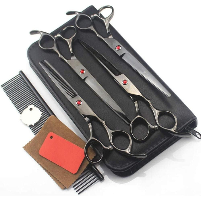 Набір 5 професійних чорних ножиць для грумінгу собак, набір ножиць для стрижки та вичісування домашніх тварин