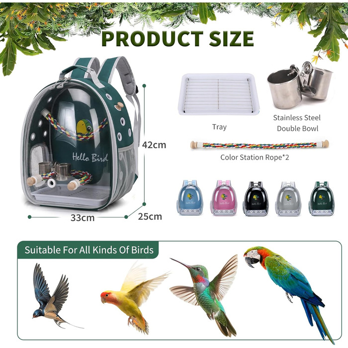 Рюкзак для птахів PETCUTE з дерев'яною жердкою: переноска, транспортна сумка для папуг, зелений