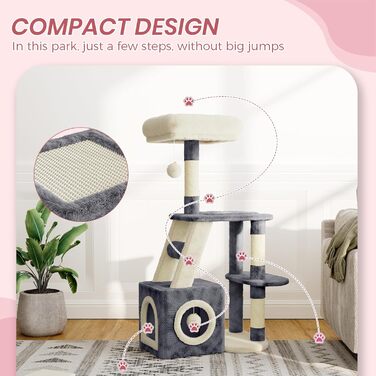 Кігтеточка для котів Dogat 107 см: багатоярусна, з будиночком, лежаком та ігровими елементами (сірий/бежевий)