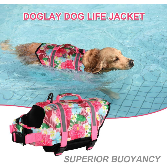 Жилет для плавання собак Doglay, світловідбиваючий, регульований, для малих, середніх та великих собак (Large, Рожевий з квіткою, 1)