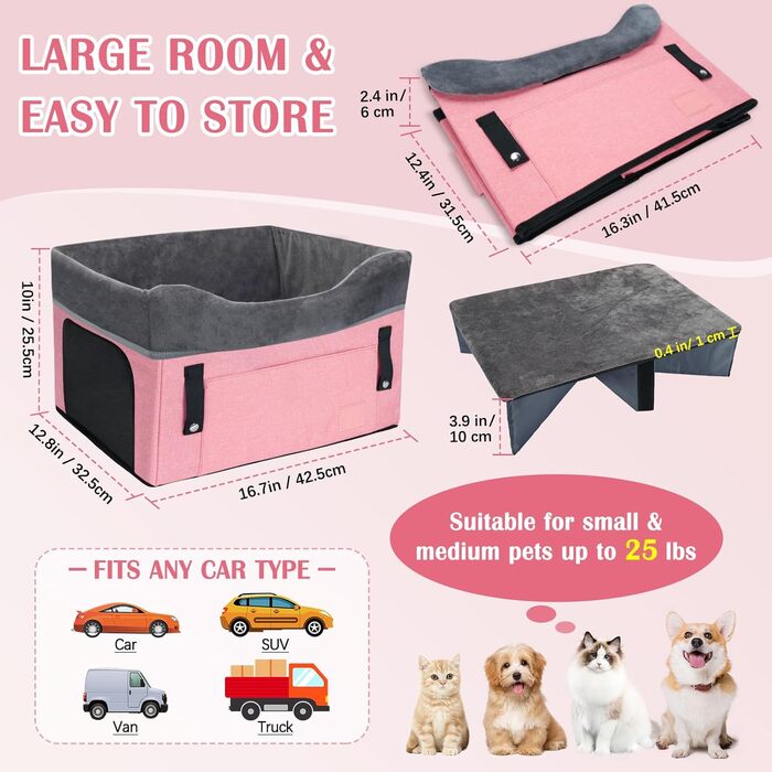 Автокрісло для собак PetsHome - рожеве, для маленьких собак, знімний, з кишенею, безпечне