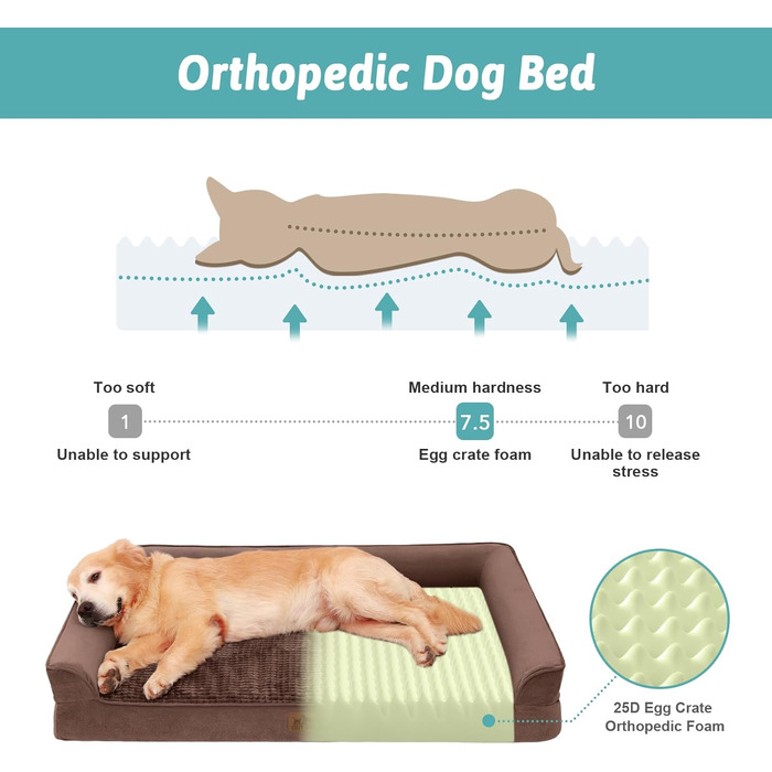 Ортопедичне ліжко для собак маленьких порід, водонепроникне диван-ліжко з бортиками, з підтримуючою піною, знімний та пральний чохол, водонепроникне дно, антиковзаюче (M 91*69*19 см, Колір: Коричневий)