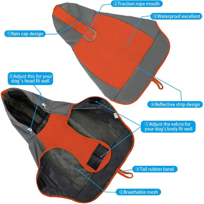 Водонепроникний дощовик для собак, регульований дощовик з відбиваючими смугами та капюшоном, дощова куртка для собак для прогулянок на природі, дощовий плащ для собак маленьких, середніх та великих порід (Зелений, Оранжевий)