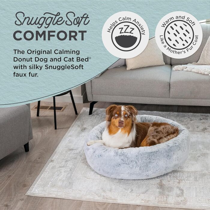 Кругла лежанка для собак та котів Sheri SnuggleSoft з штучного хутра кролика, Memory Foam, 58,4 x 58,4 см (діаметр), 76 x 76 x 20 см (розміри з бортиками), сірого кольору