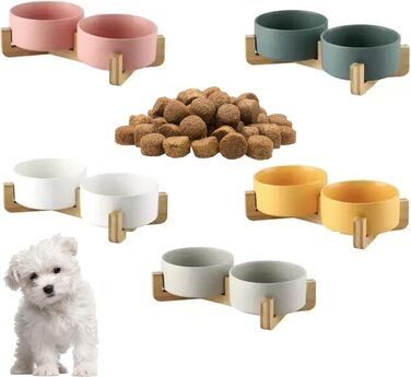 Керамічна миска для собак та котів 2 шт. з підставкою з бамбука, 600 мл, антиковзна, для годування, миска для тварин
