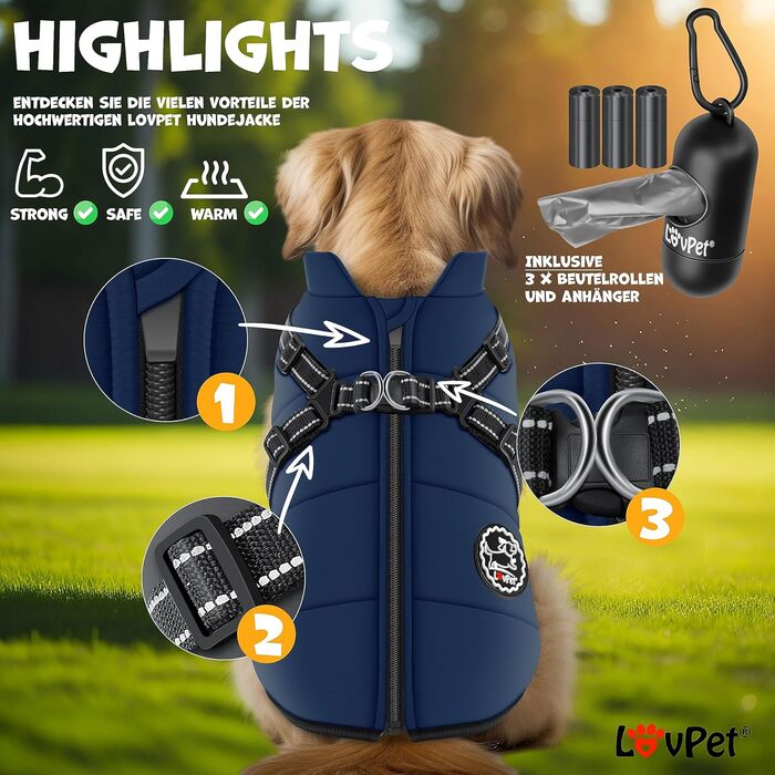 LOVPET® Зимова куртка для собак 4XL, водонепроникна, утеплена, з вбудованим шлейкою, рефлекторами та D-кільцем, темно-синя, у комплекті 45 пакетів для прибирання та диспенсер