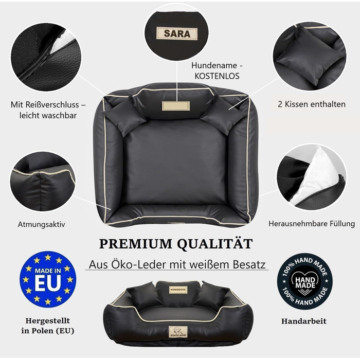 Крісло-ліжко для собак середніх порід King Dog: миється, з еко-шкіри, 75x65 см, з можливістю персоналізації (ім'я собаки), водонепроникний матеріал, силіконова наповнювач, чорний колір