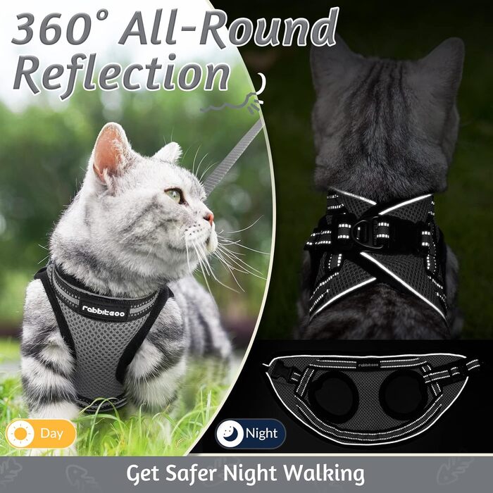 Нашийник та поводок для котів Rabbitgoo - безпечний, регульований, з відбиваючими смугами, сірий, M