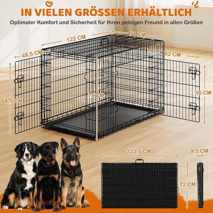 Клітка для собак Yaheetech 122x71x78 см, розкладна з перегородкою, 2 двері, чорна, для дому та транспортування