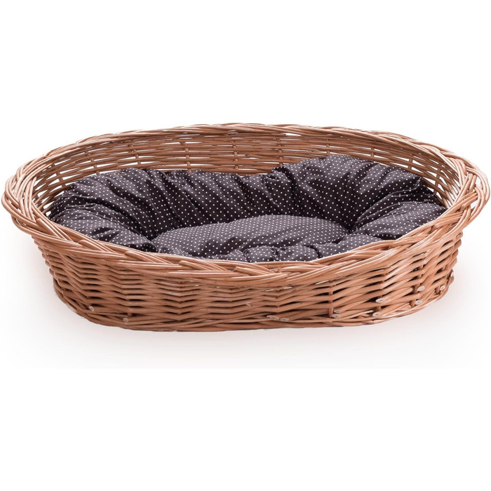 Плетене ліжко для собак та котів Wiklinowy Świat - ліжко з ротангу для домашніх тварин, 66x47x15 см, з коричневим подушкою в крапку