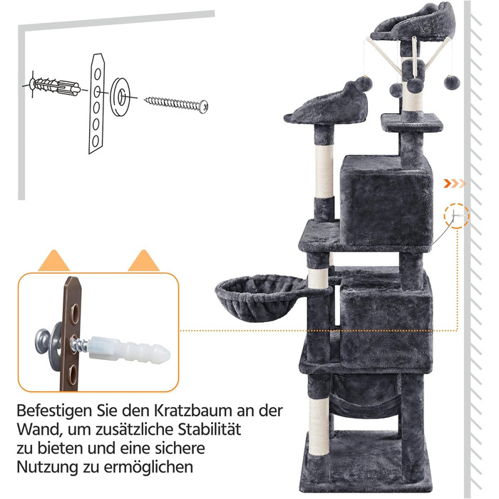 Котячий комплекс Yaheetech 170 см XL: кігтеточка, ліжко, гамак, іграшки, темно-сірий