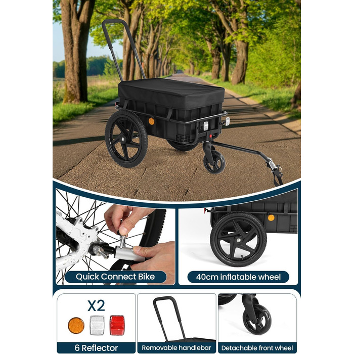 Велосипедний причіп 2-в-1 з ручкою для штовхання, міцний сталевий каркас, колеса 40 см, вантажопідйомність до 40 кг, чорний