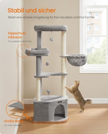 Дряпка для котів Feandrea, кігтеточка з лежаком, платформами та іграшками, 140.7 см, сірий PCT009G01