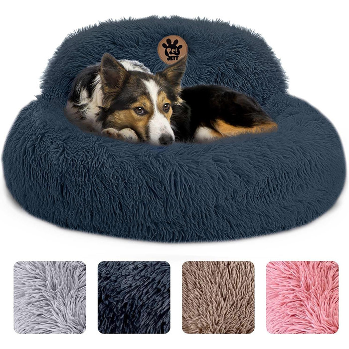 Крісло-лежанка для собак PetJett, середнього розміру, 76,2 см, у вигляді пончика, з неслизьким покриттям та можливістю прання, суперм'яке, пухнасте, кругле, заспокоююче, преміум-комфорт, для собак до L 76 x W 76 x H 20 см, сірий колір