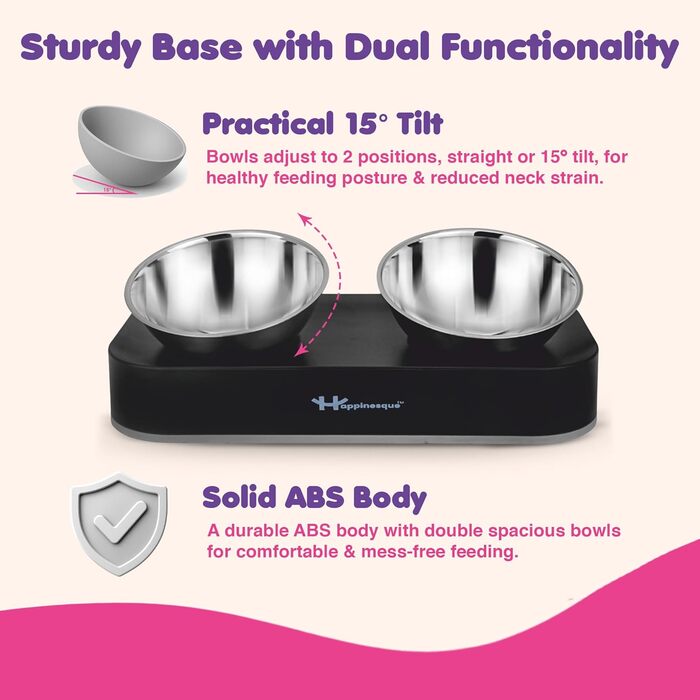 Набори годівниць для котів та собак з нержавіючої сталі Happinesque – підняті миски, антиковзаюча база, 2 шт. по 800 мл