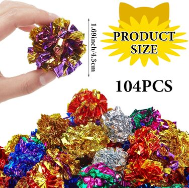 Jexine набір 104 різнокольорових іграшок для котів, м'які м'ячики Mylar 4,1 см для жування та гри, для активності та тренування котів