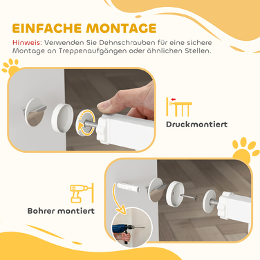 PawHut Dog Door Guard, 76-104 см Бар'єр без свердління, Сталеві сходові ворота, Захист сходів, Захисні ворота, Захисні ворота для сходів, Двері, Передпокій, Білий | Аосом