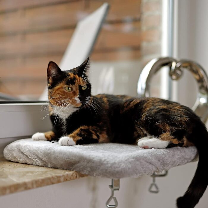 Кішка ліжко для вікна Lionto, м'яке, плюшеве, 35x50 см, без свердління, знімний чохол, до 15 кг, сірий (з нанесенням імені)