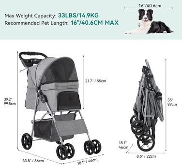 Візок для собак YITAHOME середнього розміру, 4-колісний, з кошиком для зберігання, складний, з тримачем для напоїв (сірий)