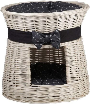 Кругла котяча хатинка e-wicker24 з плетеної лози, двоярусна, з подушкою та стрічкою, котячий оазис (кремовий/чорний)