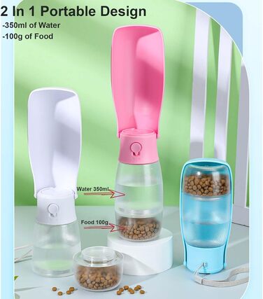 Складана пляшка для води для собак та інших тварин 340 мл з контейнером для корму, 2-в-1, білий/опільний сад