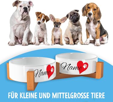 Персоналізований годівниця для собак OWLBOOK Herz з іменем, керамічний подвійний набір, бамбуковий каркас, 300 мл