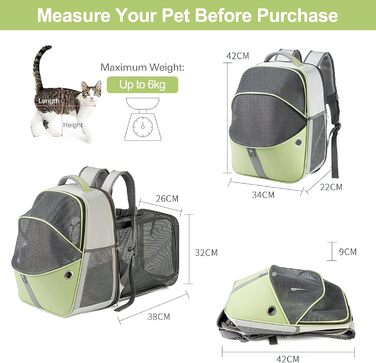 Рюкзак-переноска для тварин Galatée, розширюваний, для котів та маленьких собак (зелений)