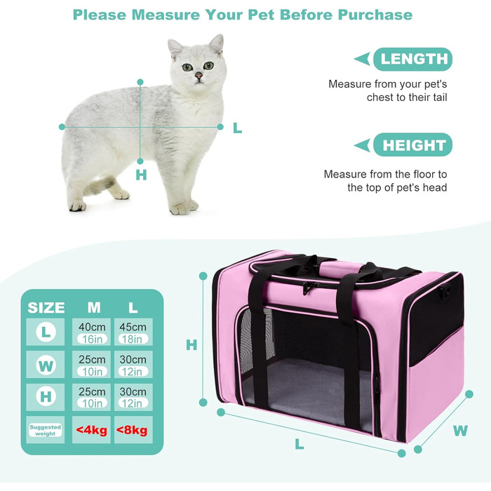 Транспортна сумка для кота/собаки PETCUTE, рожева (L) з м'якою підстилкою та регульованим ременем