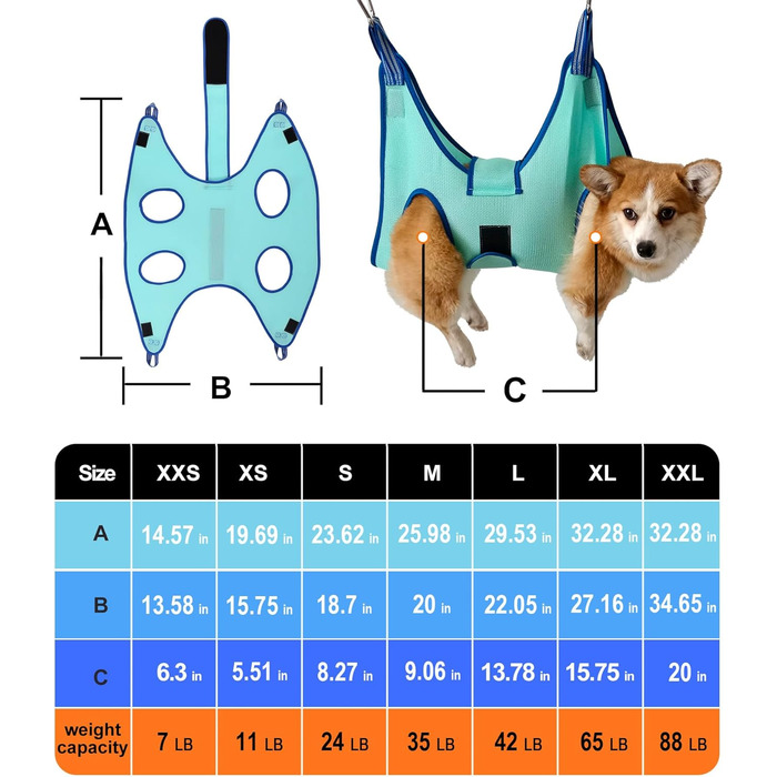 Гаммачок для грумінгу собак 2023, розмір L, тримач для шлейки, гачок для стрижки нігтів, гамачок для грумінгу з широким ременем, петля для догляду за шерстю, кишеня для догляду за кігтями, блакитний (розмір S: 10,9 кг, макс/блакитний)