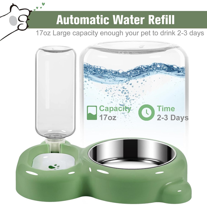 Набір мисок для собак та котів з диспенсером води та миски з нержавіючої сталі - (Зелений)