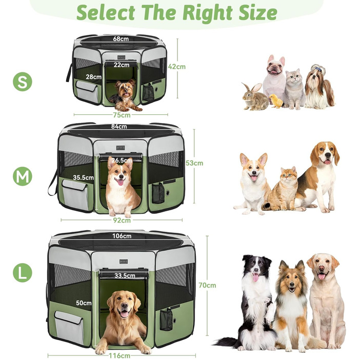 PETSFIT Розкладний вольєр для цуценят та дрібних тварин, вольєр для собак та котів, з водонепроникним дном, Pop-up система, захист від гризучих, 92 x 84 x 53 см (Сірий/Зелений)