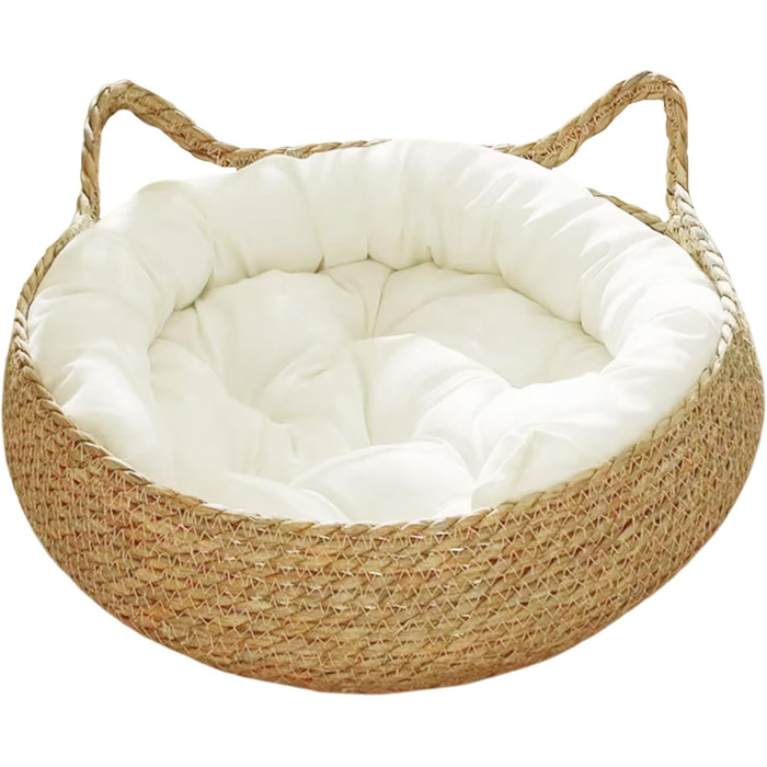 Кігтеточка-ліжко для котів з соломи та м'яким подушкою, 43 см, зручне ліжко для кошенят, ліжко для котів + біле подушко + об'ємні подушки