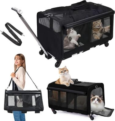 Рол-сумка для тварин з двома відділеннями, велика сумка-переноска для котів на колесах, чорна переноска для тварин до 15,9 кг, з супер вентиляцією та знімними колесами для 2 тварин