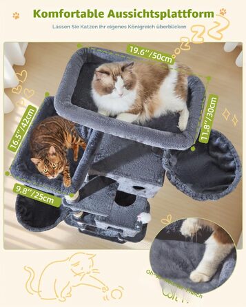 Комплекс для котів Taoqimiao XXL (193 см): Дряпка-стовпчик з будиночками, платформами, гамаком та кошиком, димчасто-сірий/темно-сірий