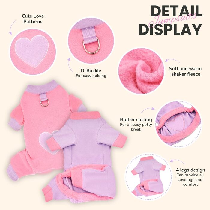 Піжама для собак, фліс, теплий пуловер для маленьких собак, 2 шт. X-Small (довжина спини 22 см), рожевий