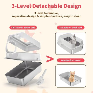 Набір для туалету котів з нержавіючої сталі з кришкою, великий, для великих котів, з совочком та килимком (білий)