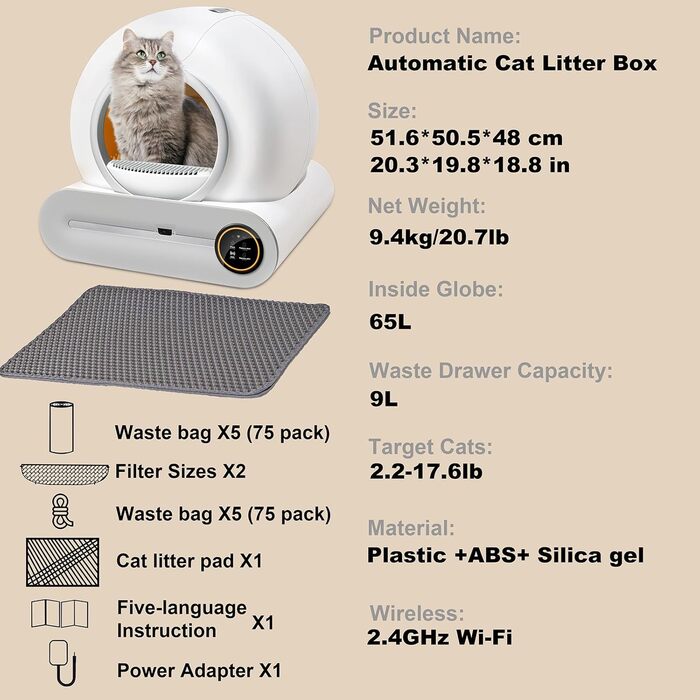 Автоматичний лоток для котів XQDKoon з самоочищенням, 2 мішки для відходів та килимки, керування через додаток
