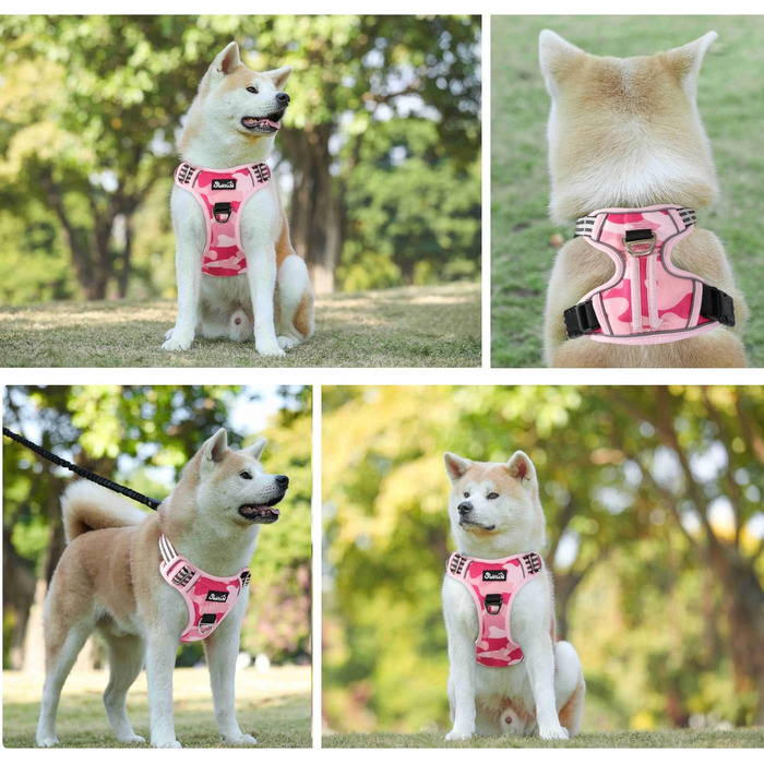 Нашийник для собак великих порід, шлейка з анти-тяговою конструкцією, 2 карабіни, зручна ручка, регульована та світловідбиваюча, для щоденних тренувань (L, XL), камуфляжний рожевий