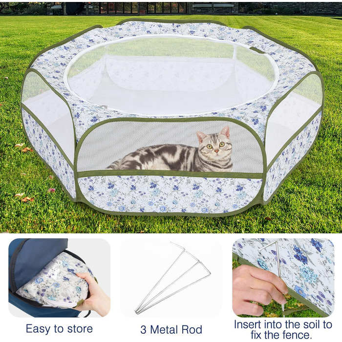 Pawaboo: Фрейгехеге для дрібних тварин, водовідштовхуваний, складаний, для кроликів, курей, кошенят, цуценят, кроликів, хом'яків. Візуальний вольєр з сіткою, блискавкою та нейлоновим дном (Синій + Білий квітковий принт)