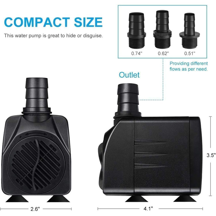 Погружний насос для ставка, фонтану, акваріума Wasserpumpe 1800 л/год, 25 Вт, 3 насадки (13/16/19 мм)