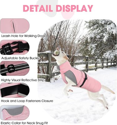 Зимовий теплий куртка для собак Nanaki з флісовою підкладкою, водонепроникний, світловідбиваючий, з отвором для повідка, пухнастий комір, середній розмір, для прогулянок на вулиці, полювання, простий у використанні (Large, Pink)