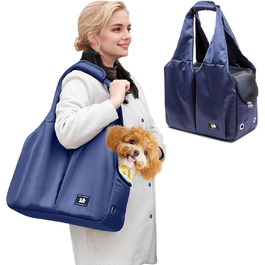 PETCUTE Сумка-переноска для собак та котів, дихаюча, з матом, на плече, з лінійкою безпеки та кишенями, для маленьких та середніх собак, цуценят та котів (Темно-синій)