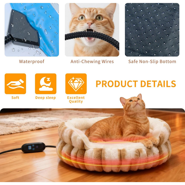 Обігрівальне ліжко для котів, електричне, миється, стійке до укусів, водонепроникне, заспокійливе та тепле з регульованим нагрівальним килимком, 51×51×17 см