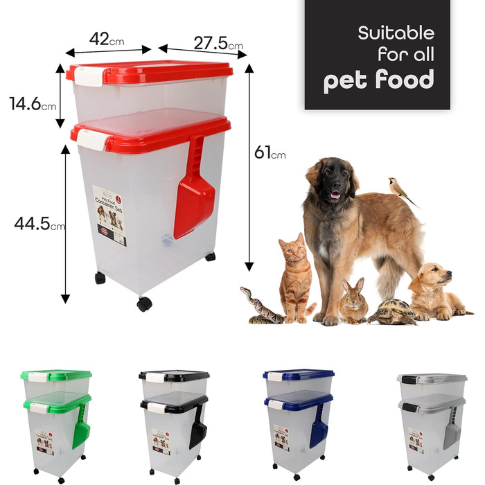 DIVCHI Контейнер для зберігання корму для тварин, 3 шт. з мірною ложкою, для собак, котів, корму для тварин, сухий корм, з роликами (Червоний)