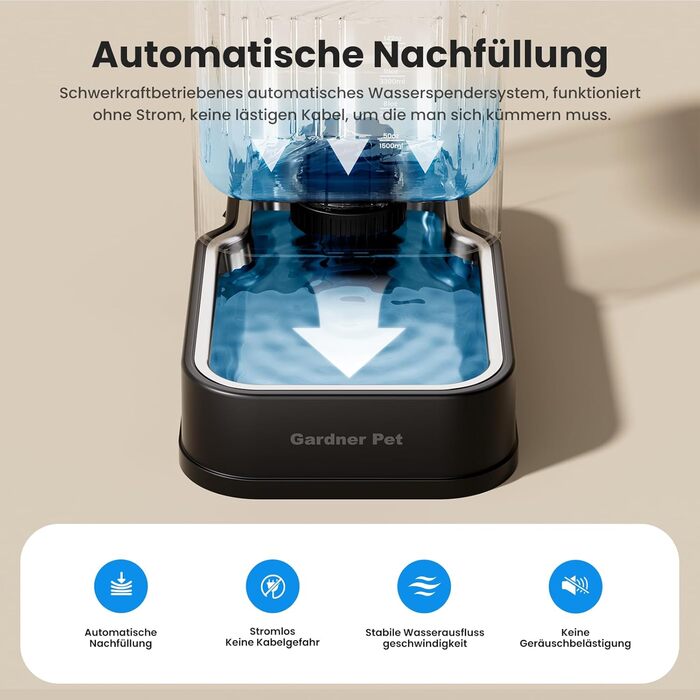 Автоматичний диспенсер води для собак та котів Gardner Pet 6.5L, годівниця, не потребує електрики, з нержавіючою чашею, велика ємність, BPA-free, безшумна, чорний