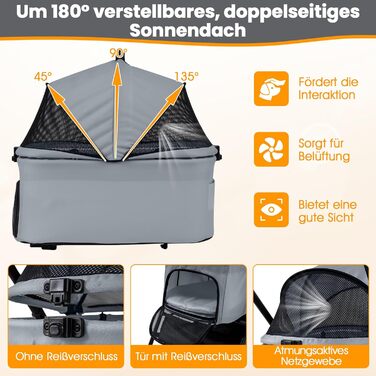 Візок для собак COSTWAY 3 в 1: візок-будка, візок для тварин з регульованим дахом, кошиком та тримачем для напоїв, для собак та котів до 15 кг, металевий (сірий)