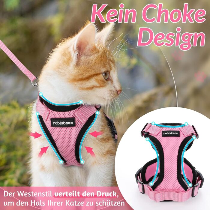 Шлейка для кота Rabbitgoo з повідком, м'яка шлейка для кота, шлейка-жилет для кота, безпечна та регульована, рожева, XS (1 шт.)