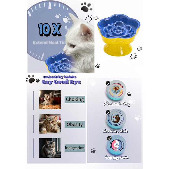 Миска для повільного годування домашніх тварин, керамічна, піднята та нахилена, для котів та маленьких собак, запобігає блювоті та удушенню (Рожева, Блакитна)