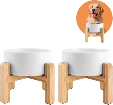 Набір керамічних мисок для собак Oungy 2 шт. з підставкою з бамбука, антиковзаючі, 850 мл, білі. Підходять для собак та котів